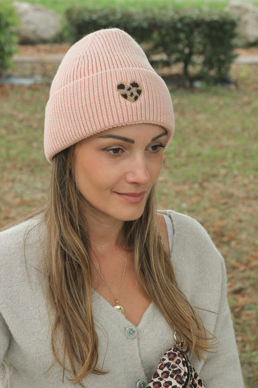 Bonnet ADULTE coeur léopard - Rose pale