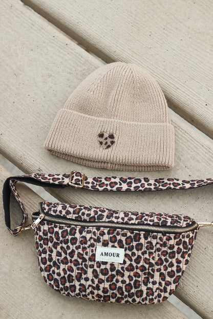 Bonnet ADULTE coeur léopard - Beige
