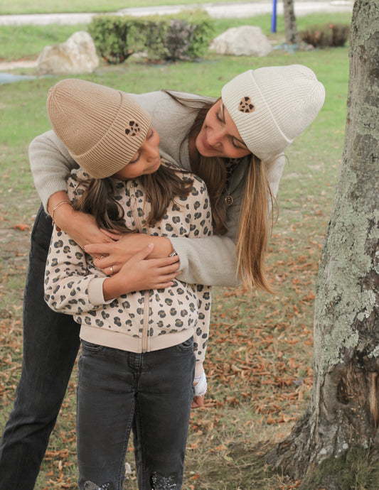Bonnet ADULTE coeur léopard - Ecru