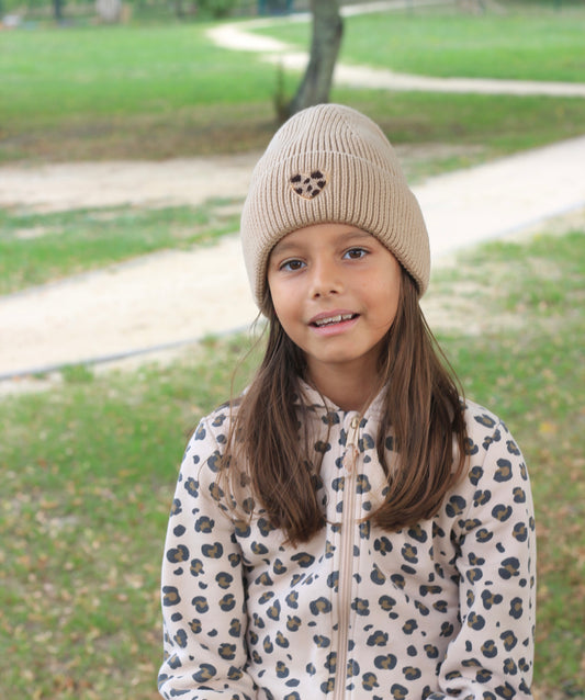 Bonnet ENFANT coeur léopard - Beige