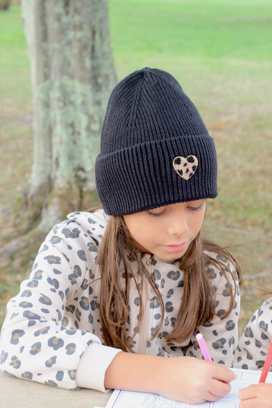 Bonnet ENFANT coeur léopard - Noir