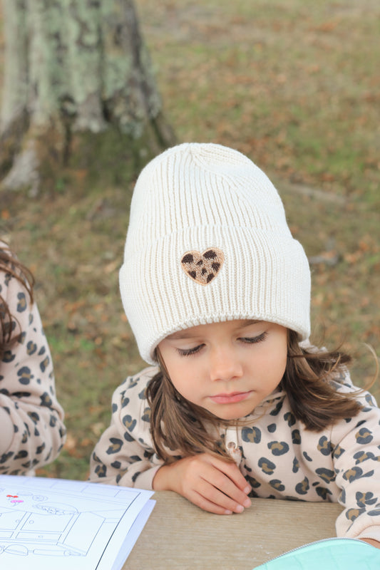 Bonnet ENFANT coeur léopard - Ecru